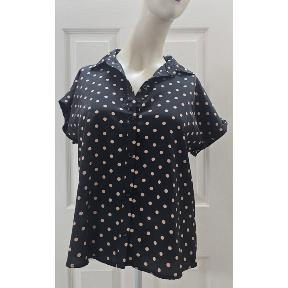 Forever 21 Black Brown Polka Dot Button Up Collared Career Office Top Size Small